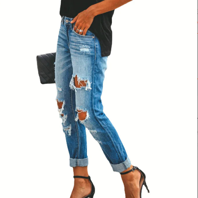 Women's Washed Ripped Straight Leg Jeans for Casual Wear