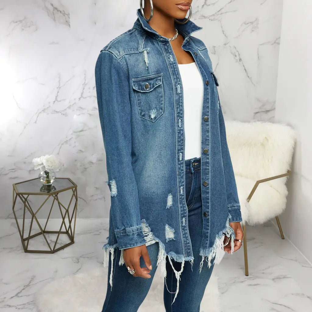 Women's Ripped Denim Jacket for Casual and Party Wear