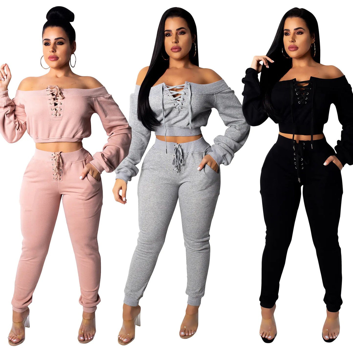 Fashionable Casual Thick Sweatshirt Set with Off-Shoulder