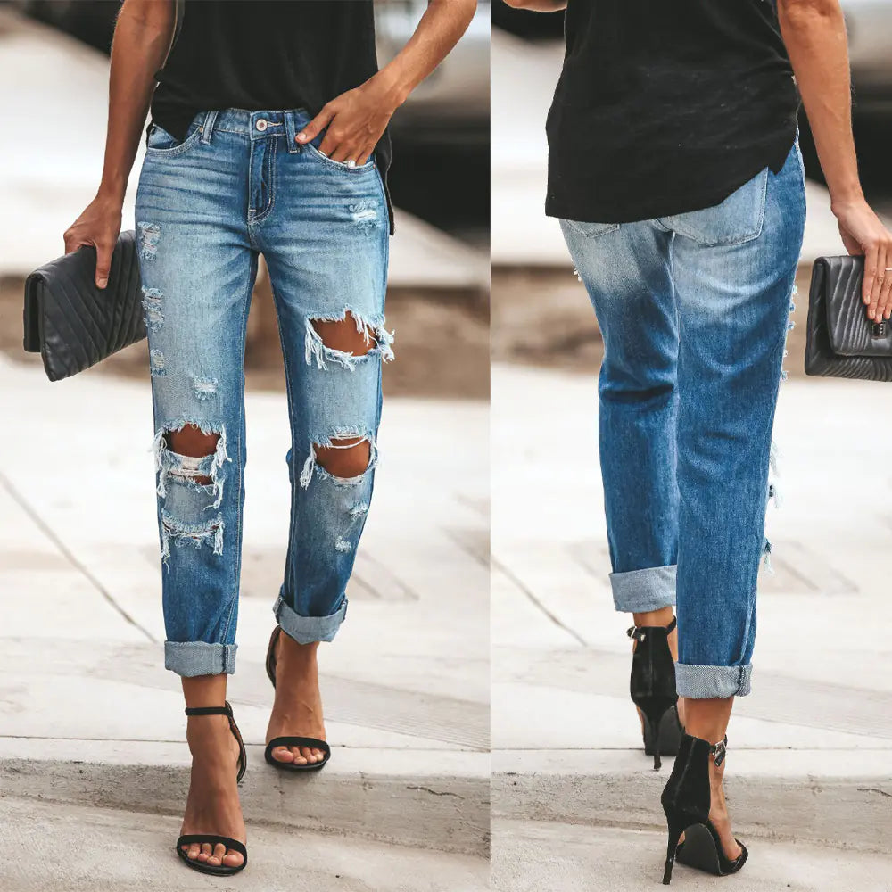 Women's Washed Ripped Straight Leg Jeans for Casual Wear