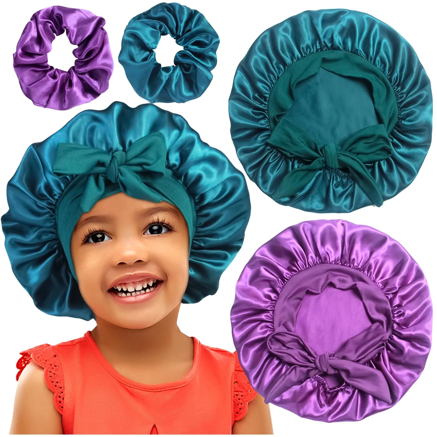 2+2 Satin Bonnets with Scrunchies for Kids Cute Hair Bonnets for Girls Sleeping Curly Hair B