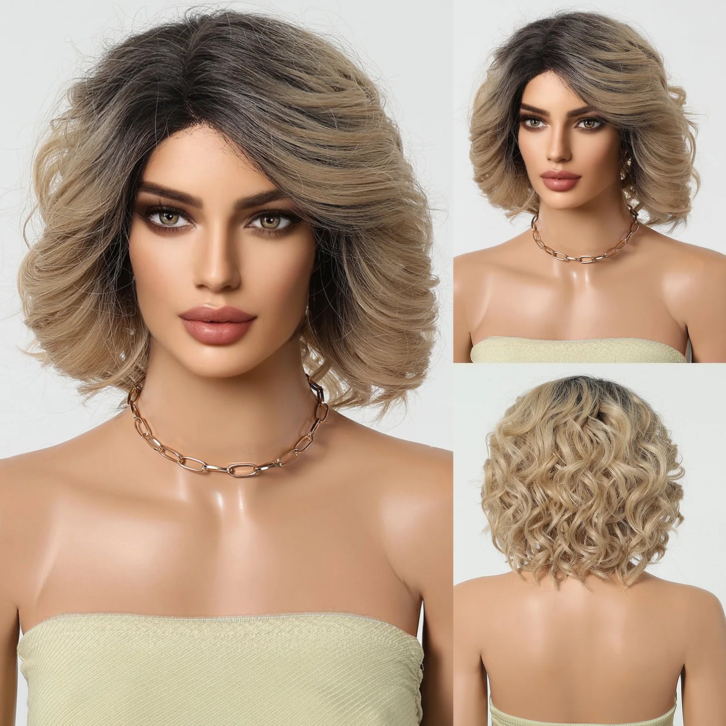 Lace Front Synthetic Wigs Preplucked Curly Wave Brown Golden Highlight Shoulder Length Lace Wig for Black Women Heat Resistant