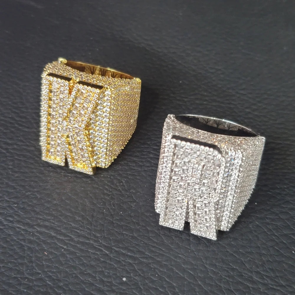Custom Initial&Number Ring For Men Women Iced Out Baguettecz Cubic Zircon Letter Rings Fashion Hip Hop Jewelry Party Gifts