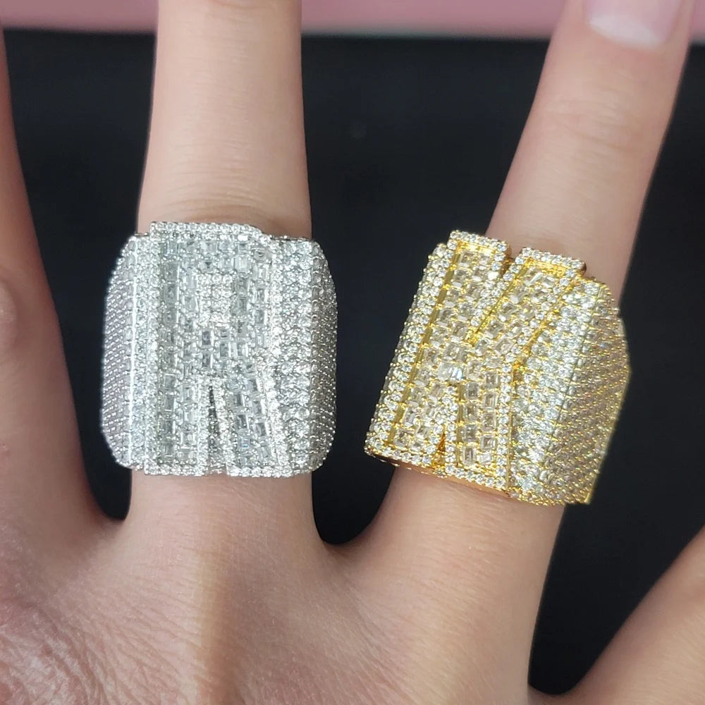 Custom Initial&Number Ring For Men Women Iced Out Baguettecz Cubic Zircon Letter Rings Fashion Hip Hop Jewelry Party Gifts