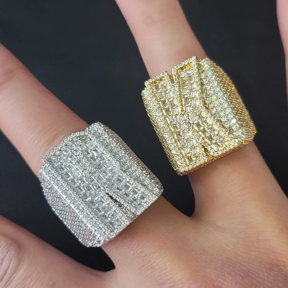 Custom Initial&Number Ring For Men Women Iced Out Baguettecz Cubic Zircon Letter Rings Fashion Hip Hop Jewelry Party Gifts