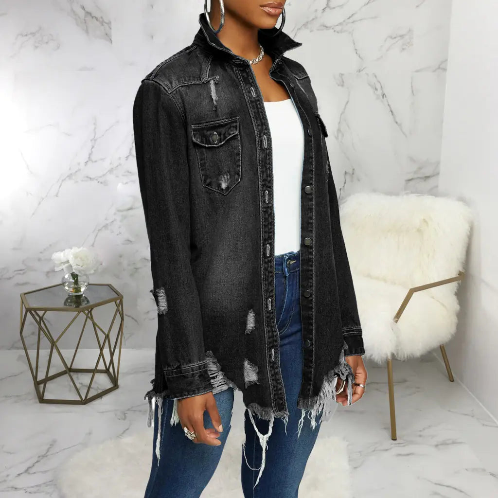 Women's Ripped Denim Jacket for Casual and Party Wear