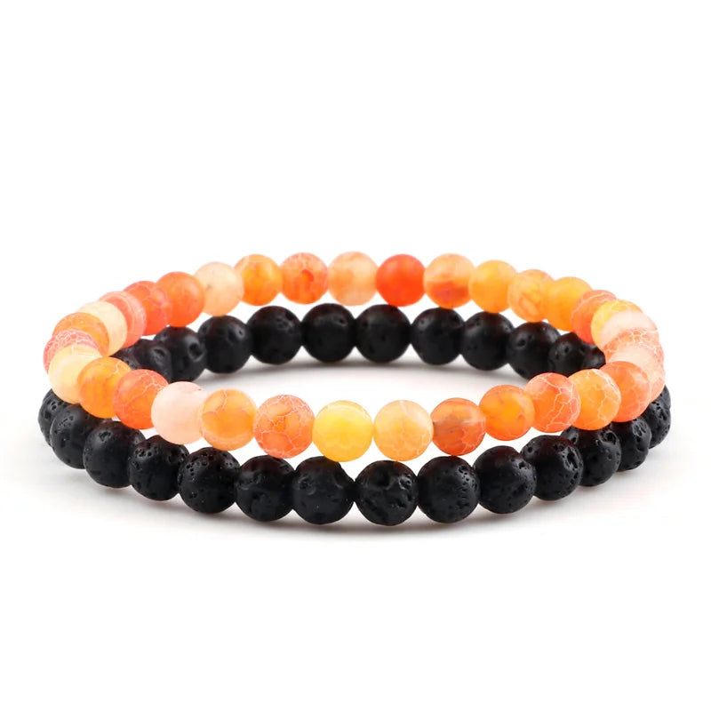 Adjustable 2pcs/set Beads Bracelets for Couple Classic 6mm Natural Black White Stone Braided Distance Bracelet Men Women Jewelry