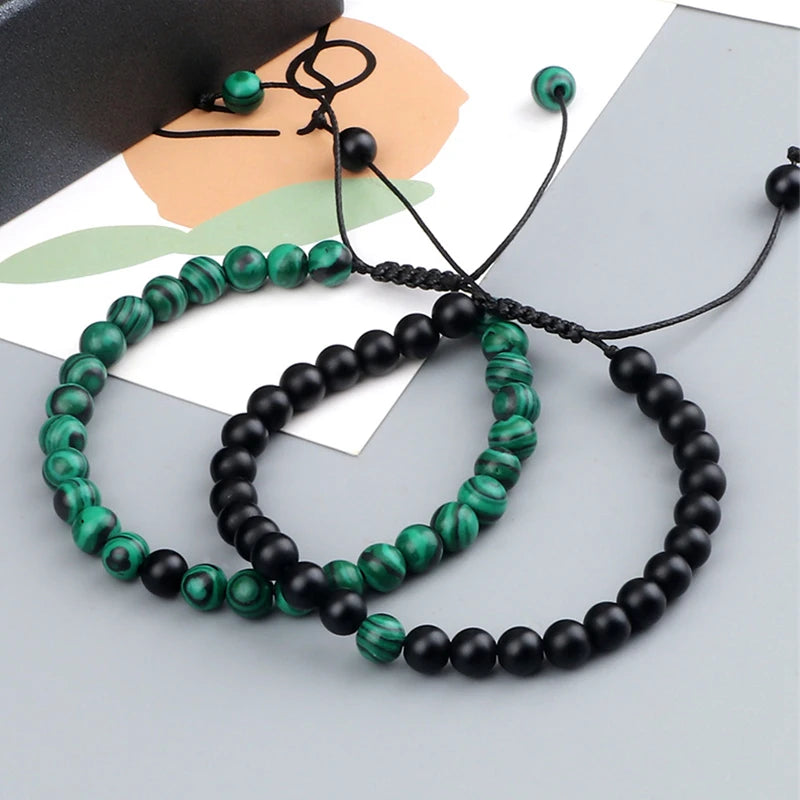 Adjustable 2pcs/set Beads Bracelets for Couple Classic 6mm Natural Black White Stone Braided Distance Bracelet Men Women Jewelry