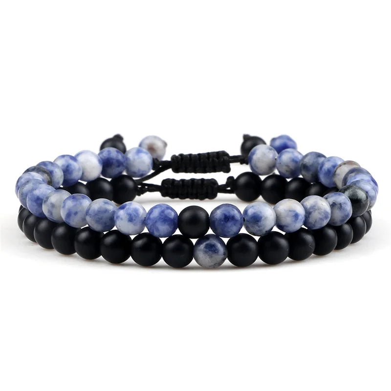 Adjustable 2pcs/set Beads Bracelets for Couple Classic 6mm Natural Black White Stone Braided Distance Bracelet Men Women Jewelry