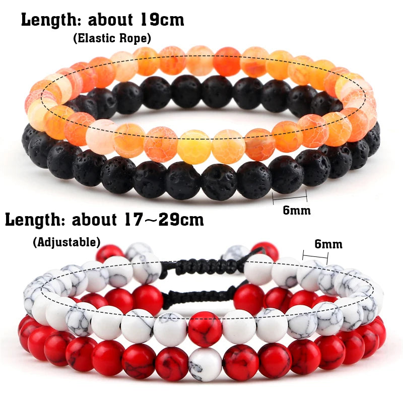 Adjustable 2pcs/set Beads Bracelets for Couple Classic 6mm Natural Black White Stone Braided Distance Bracelet Men Women Jewelry