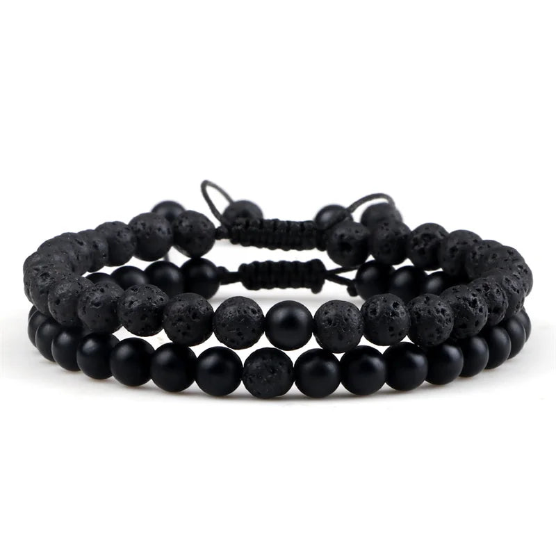 Adjustable 2pcs/set Beads Bracelets for Couple Classic 6mm Natural Black White Stone Braided Distance Bracelet Men Women Jewelry