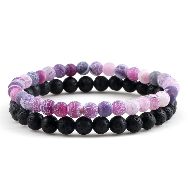 Adjustable 2pcs/set Beads Bracelets for Couple Classic 6mm Natural Black White Stone Braided Distance Bracelet Men Women Jewelry