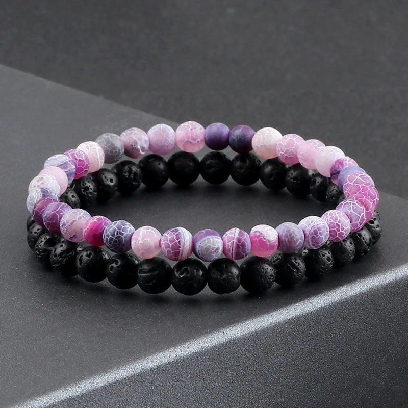 Adjustable 2pcs/set Beads Bracelets for Couple Classic 6mm Natural Black White Stone Braided Distance Bracelet Men Women Jewelry