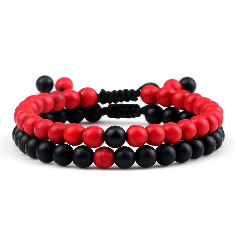 Adjustable 2pcs/set Beads Bracelets for Couple Classic 6mm Natural Black White Stone Braided Distance Bracelet Men Women Jewelry