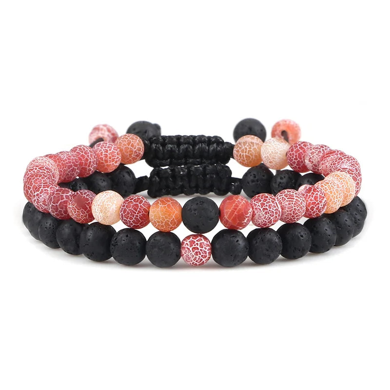 Adjustable 2pcs/set Beads Bracelets for Couple Classic 6mm Natural Black White Stone Braided Distance Bracelet Men Women Jewelry