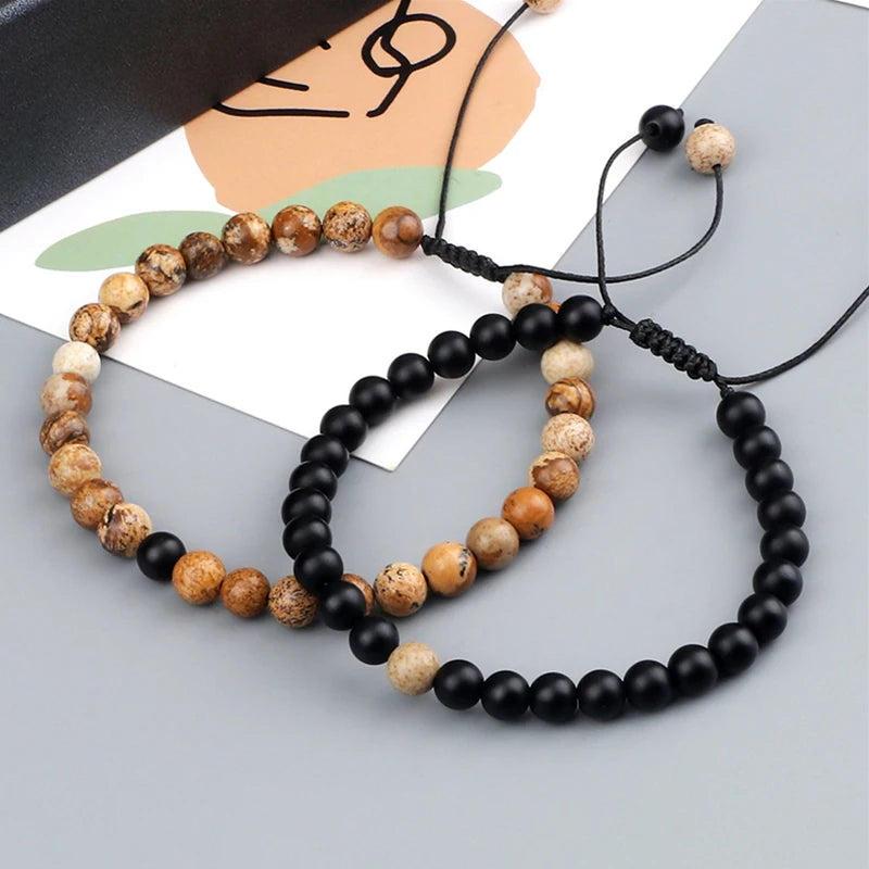 Adjustable 2pcs/set Beads Bracelets for Couple Classic 6mm Natural Black White Stone Braided Distance Bracelet Men Women Jewelry