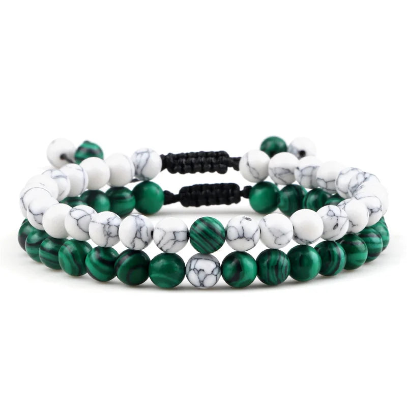 Adjustable 2pcs/set Beads Bracelets for Couple Classic 6mm Natural Black White Stone Braided Distance Bracelet Men Women Jewelry