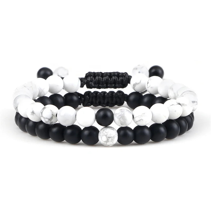 Adjustable 2pcs/set Beads Bracelets for Couple Classic 6mm Natural Black White Stone Braided Distance Bracelet Men Women Jewelry