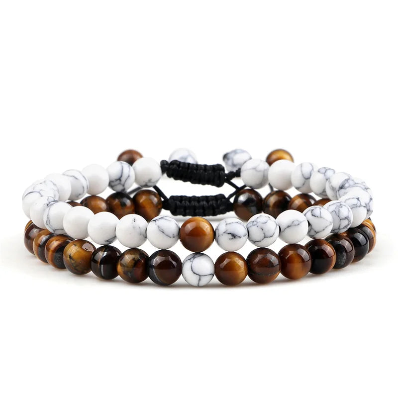 Adjustable 2pcs/set Beads Bracelets for Couple Classic 6mm Natural Black White Stone Braided Distance Bracelet Men Women Jewelry