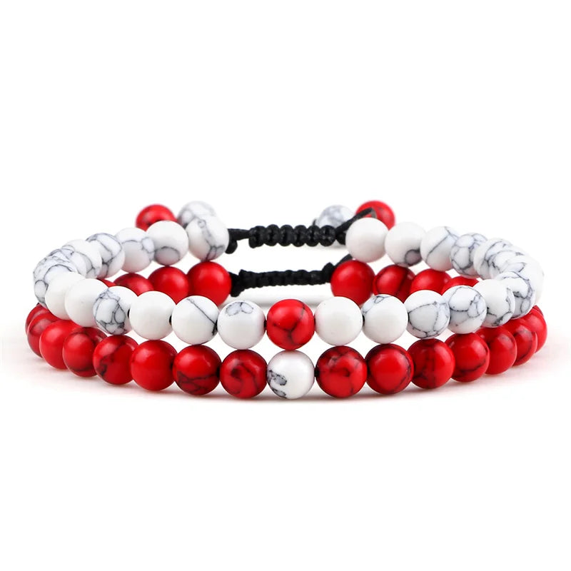 Adjustable 2pcs/set Beads Bracelets for Couple Classic 6mm Natural Black White Stone Braided Distance Bracelet Men Women Jewelry