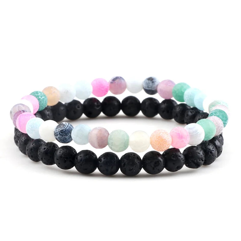Adjustable 2pcs/set Beads Bracelets for Couple Classic 6mm Natural Black White Stone Braided Distance Bracelet Men Women Jewelry