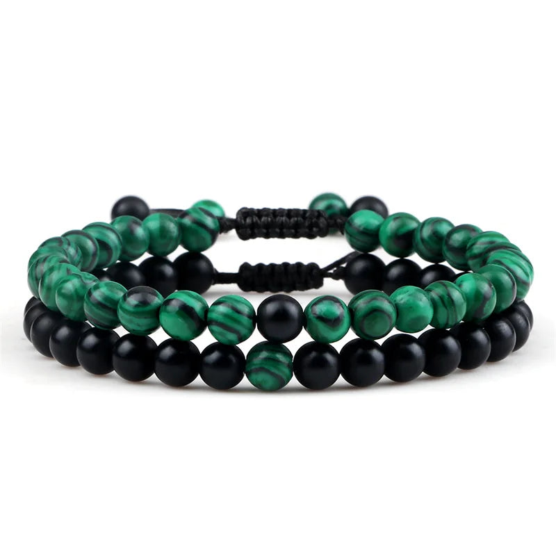 Adjustable 2pcs/set Beads Bracelets for Couple Classic 6mm Natural Black White Stone Braided Distance Bracelet Men Women Jewelry