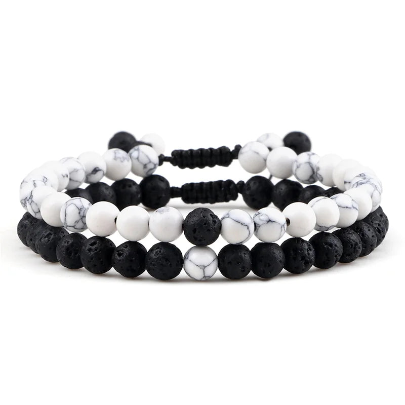 Adjustable 2pcs/set Beads Bracelets for Couple Classic 6mm Natural Black White Stone Braided Distance Bracelet Men Women Jewelry
