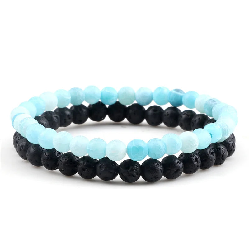 Adjustable 2pcs/set Beads Bracelets for Couple Classic 6mm Natural Black White Stone Braided Distance Bracelet Men Women Jewelry