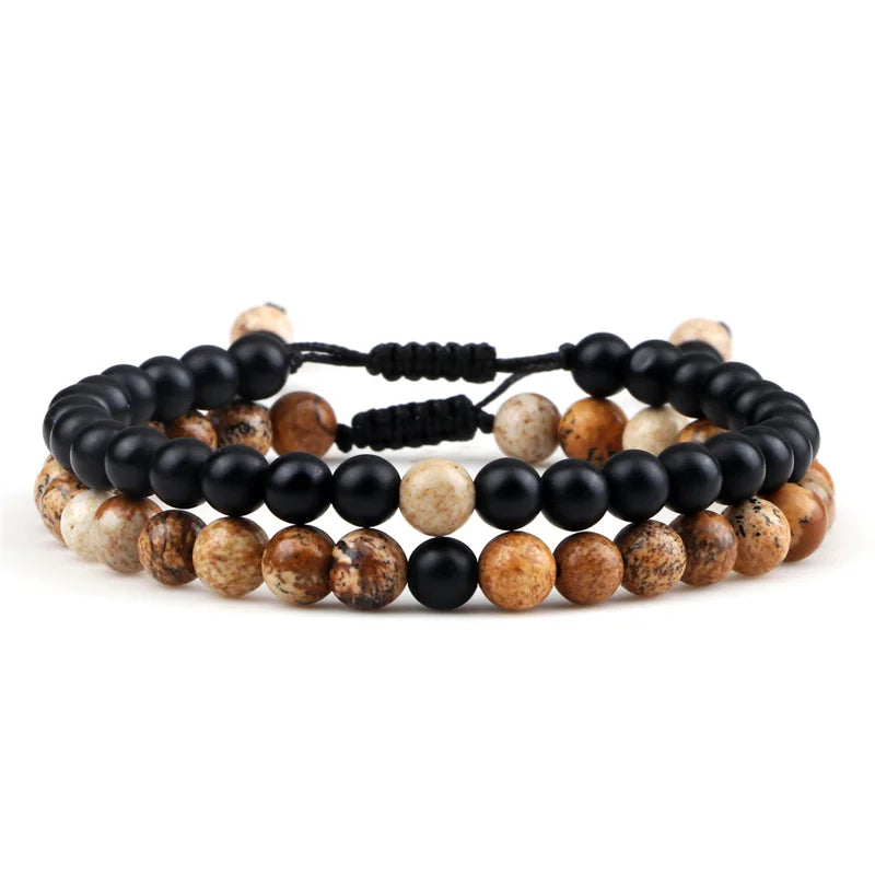 Adjustable 2pcs/set Beads Bracelets for Couple Classic 6mm Natural Black White Stone Braided Distance Bracelet Men Women Jewelry