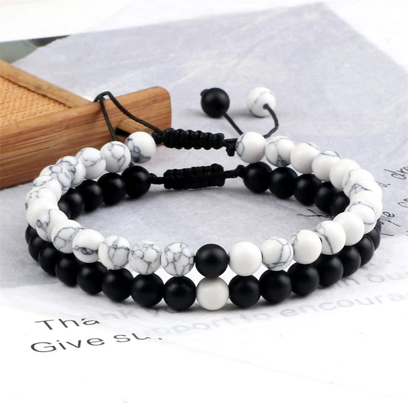 Adjustable 2pcs/set Beads Bracelets for Couple Classic 6mm Natural Black White Stone Braided Distance Bracelet Men Women Jewelry
