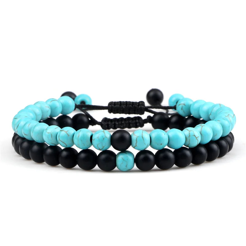 Adjustable 2pcs/set Beads Bracelets for Couple Classic 6mm Natural Black White Stone Braided Distance Bracelet Men Women Jewelry