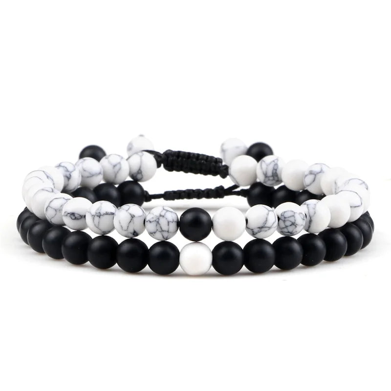 Adjustable 2pcs/set Beads Bracelets for Couple Classic 6mm Natural Black White Stone Braided Distance Bracelet Men Women Jewelry