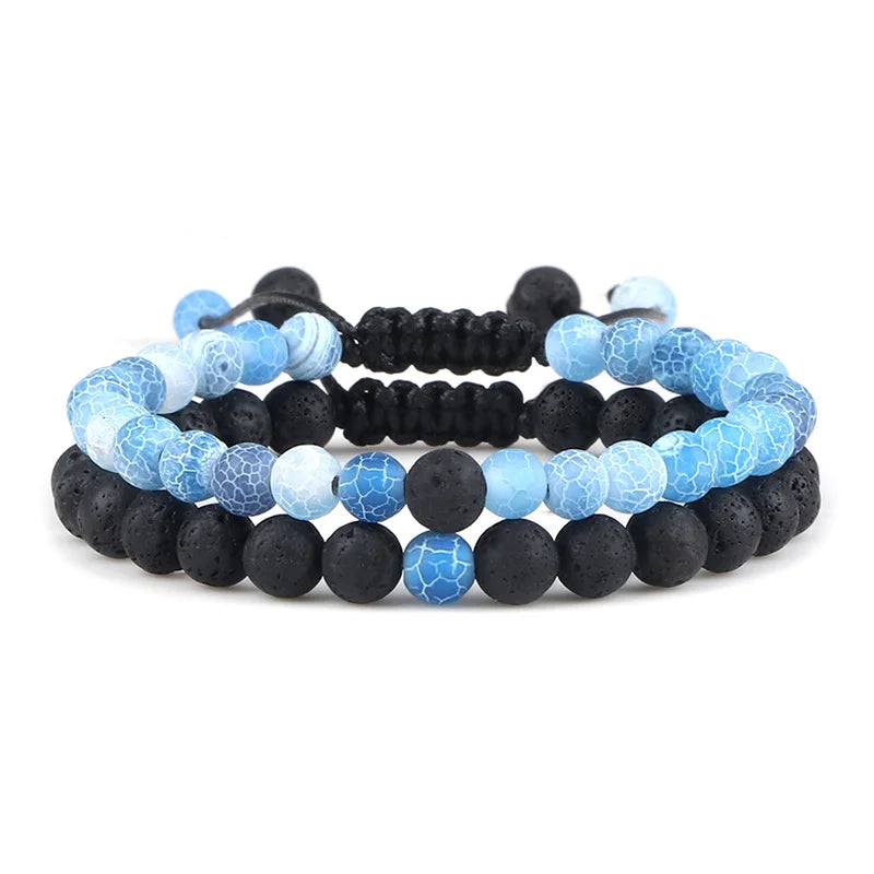 Adjustable 2pcs/set Beads Bracelets for Couple Classic 6mm Natural Black White Stone Braided Distance Bracelet Men Women Jewelry