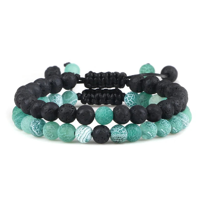 Adjustable 2pcs/set Beads Bracelets for Couple Classic 6mm Natural Black White Stone Braided Distance Bracelet Men Women Jewelry