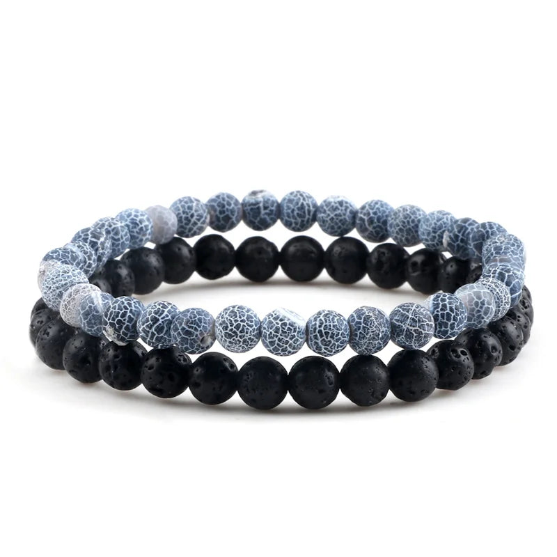 Adjustable 2pcs/set Beads Bracelets for Couple Classic 6mm Natural Black White Stone Braided Distance Bracelet Men Women Jewelry