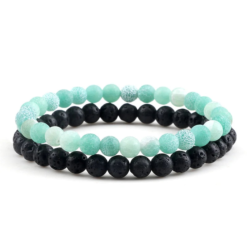 Adjustable 2pcs/set Beads Bracelets for Couple Classic 6mm Natural Black White Stone Braided Distance Bracelet Men Women Jewelry