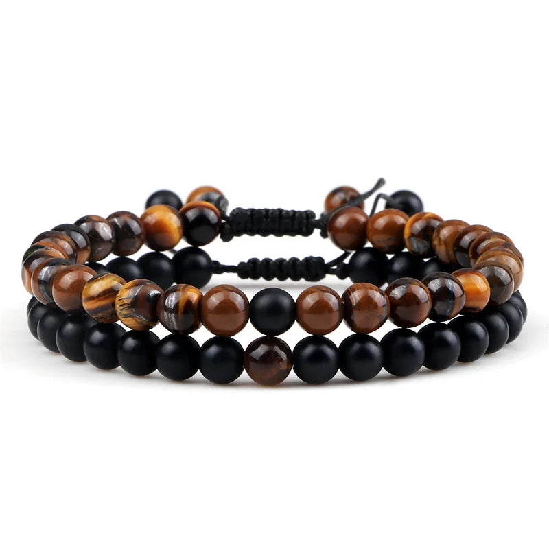 Adjustable 2pcs/set Beads Bracelets for Couple Classic 6mm Natural Black White Stone Braided Distance Bracelet Men Women Jewelry