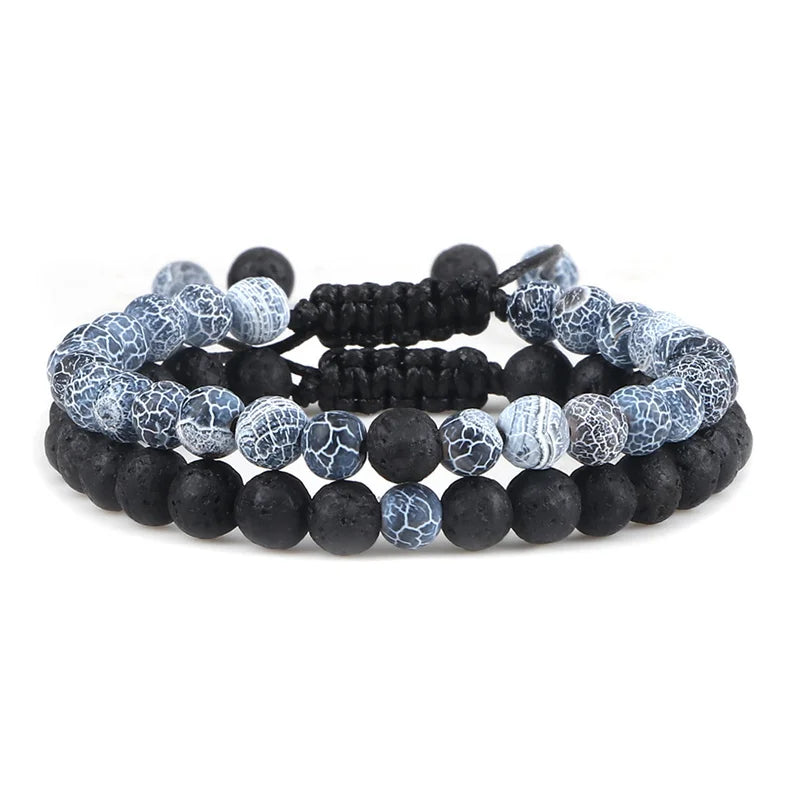 Adjustable 2pcs/set Beads Bracelets for Couple Classic 6mm Natural Black White Stone Braided Distance Bracelet Men Women Jewelry