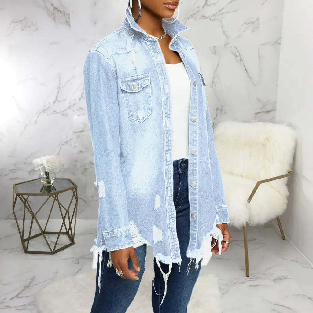 Women's Ripped Denim Jacket for Casual and Party Wear
