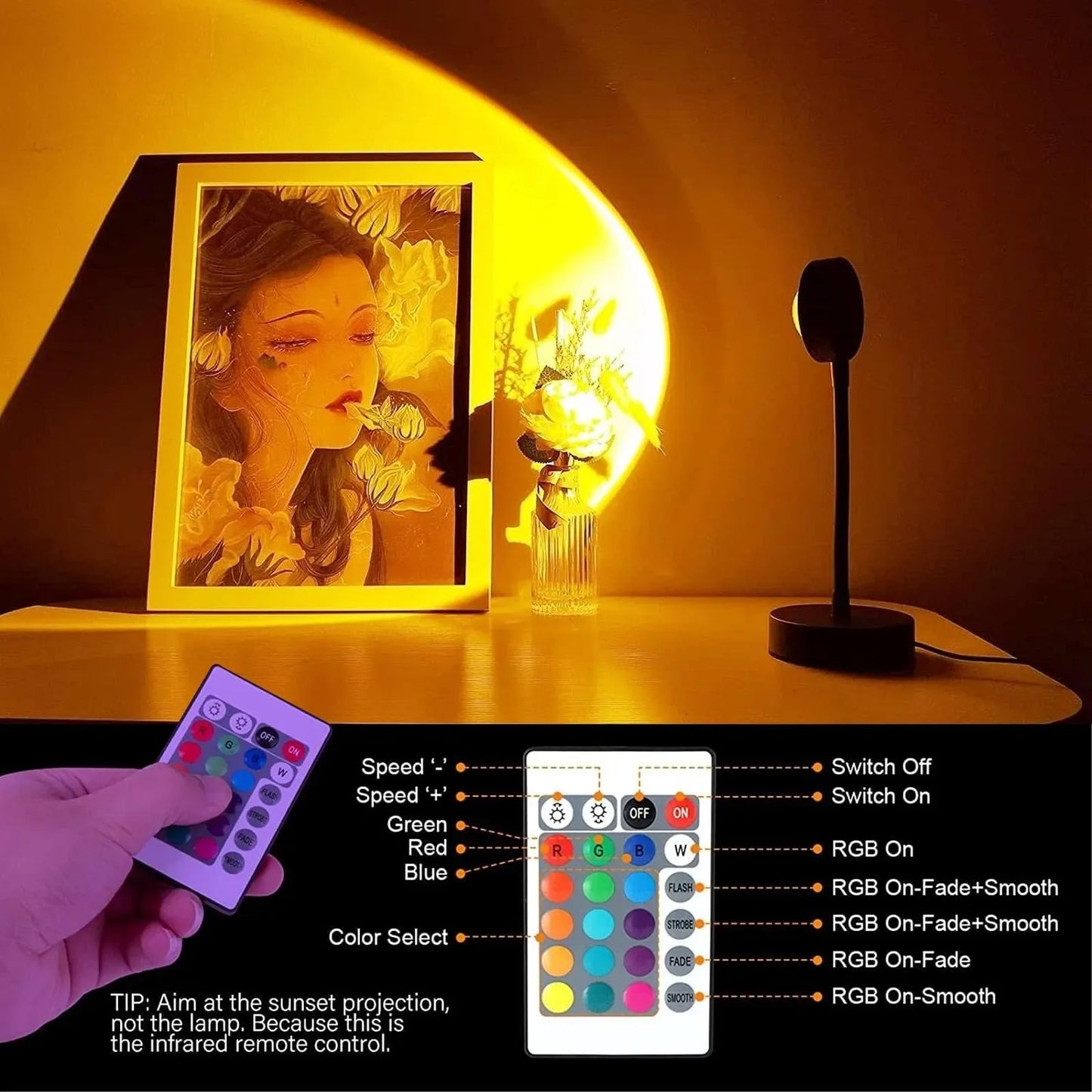 Sunset Lamp Projection with Rotation,Rainbow LED Light,Romantic Visual Night Light,USB Powered,Modern Floor Stand for Home Decor