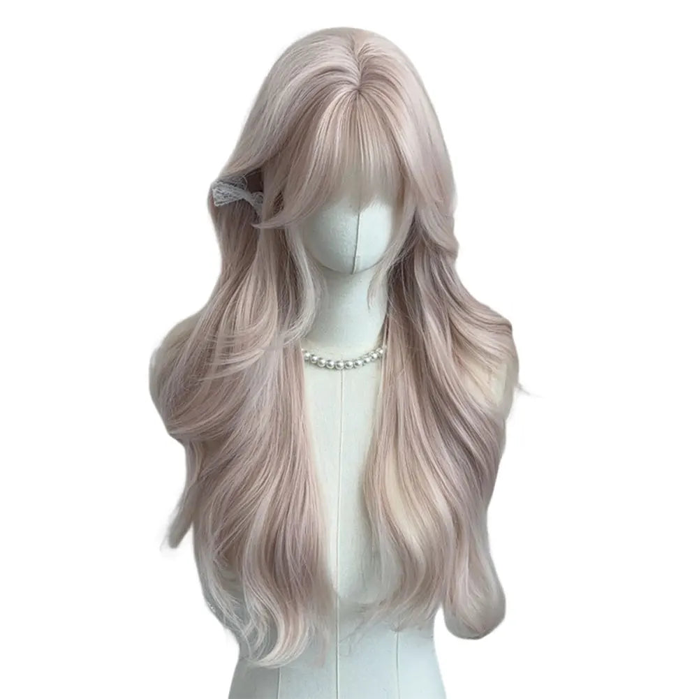 Women's Grey Pink Long Curly Synthetic Wig With Bangs Natural Long-Smooth Heat Resistant Wavy Wig For Cosplay Daily Wear
