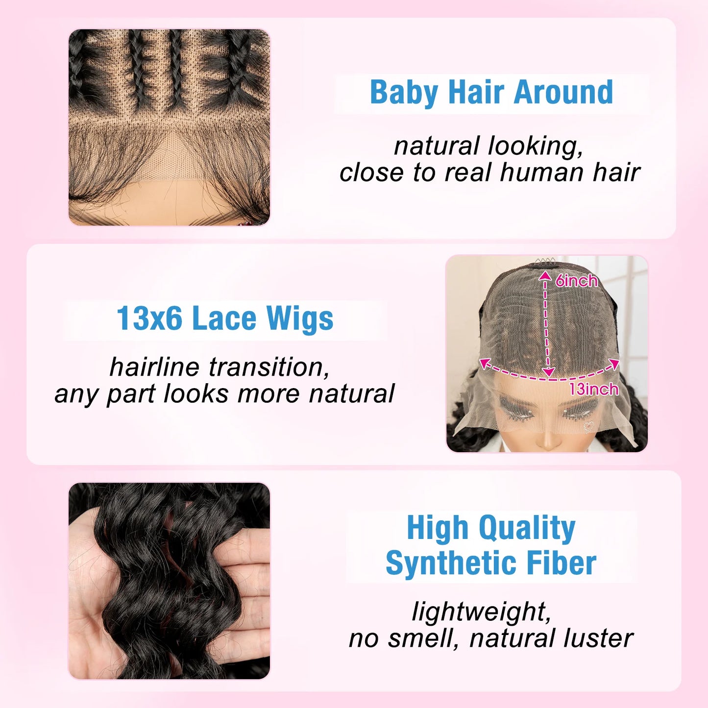 13x6 Lace Front Wigs Black Synthetic Hair Wig with Braids for Women 24 Inches Long Curly Wavy Wig Heat Resistant Wig for Daily