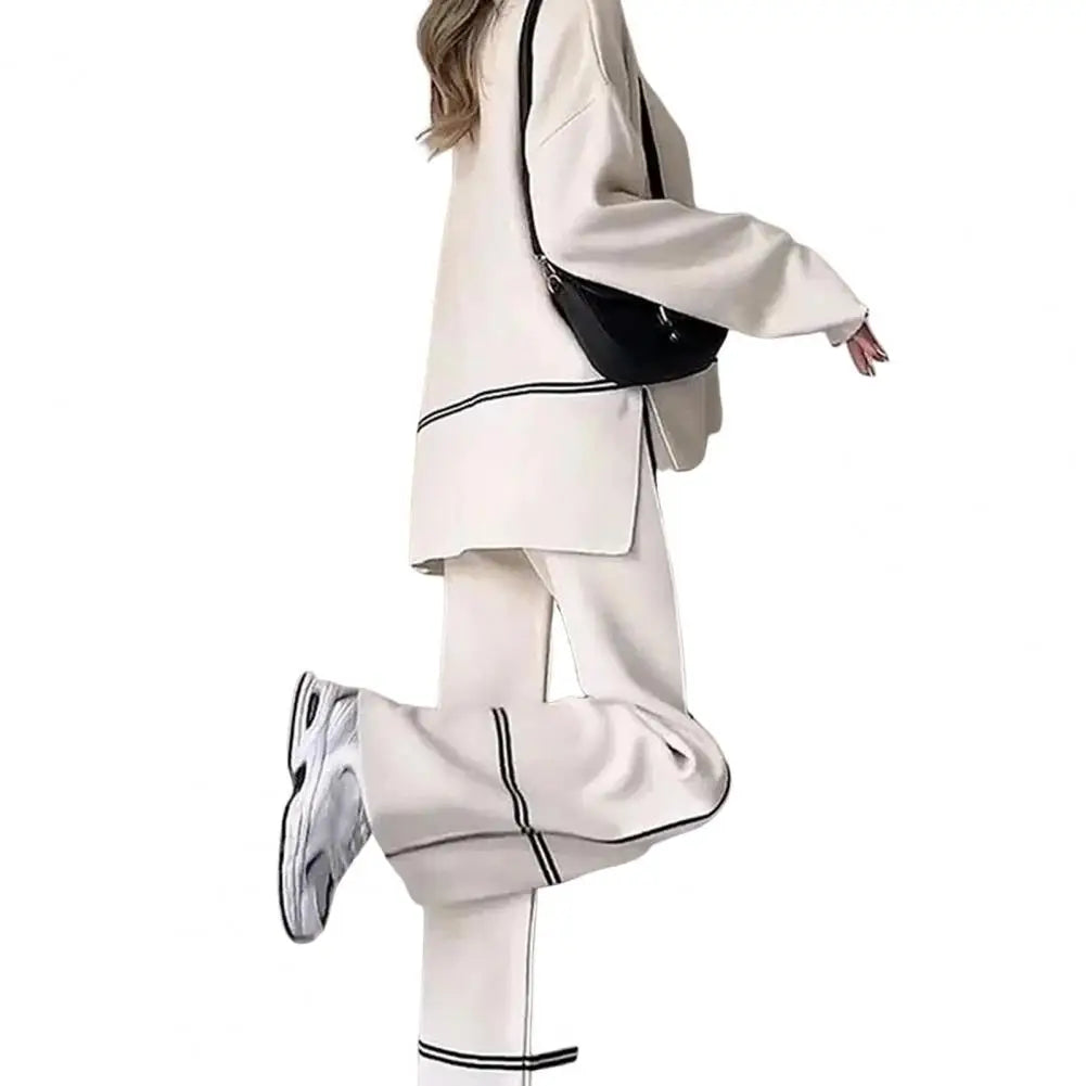 Casual Women Set Spring Summer Fashion Long Sleeve O-Neck Loose Suit Female Vintage Pocket Top Long Wide Leg Pants 2 Pcs Outfit