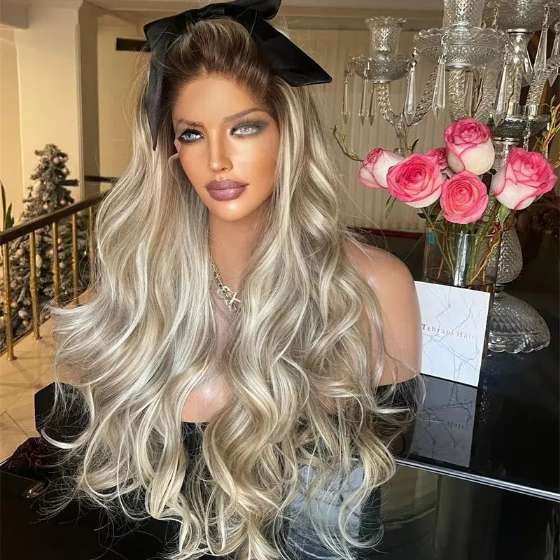 100% Premium Synthetic Fiber Glueless HD Lace Front Wig Ash Blonde Highlights Colored Wig Heat Resistant Preplucked Hairline