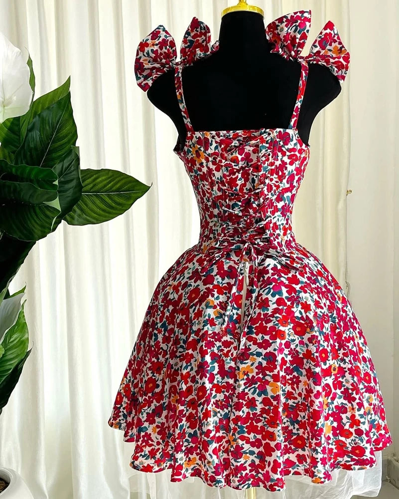 Casual Dresses for Woman Clothing 2025 Summer Elegant Luxury Floral Print Sexy V Neck Birthday Party Pleated A-Line Mini Dress
