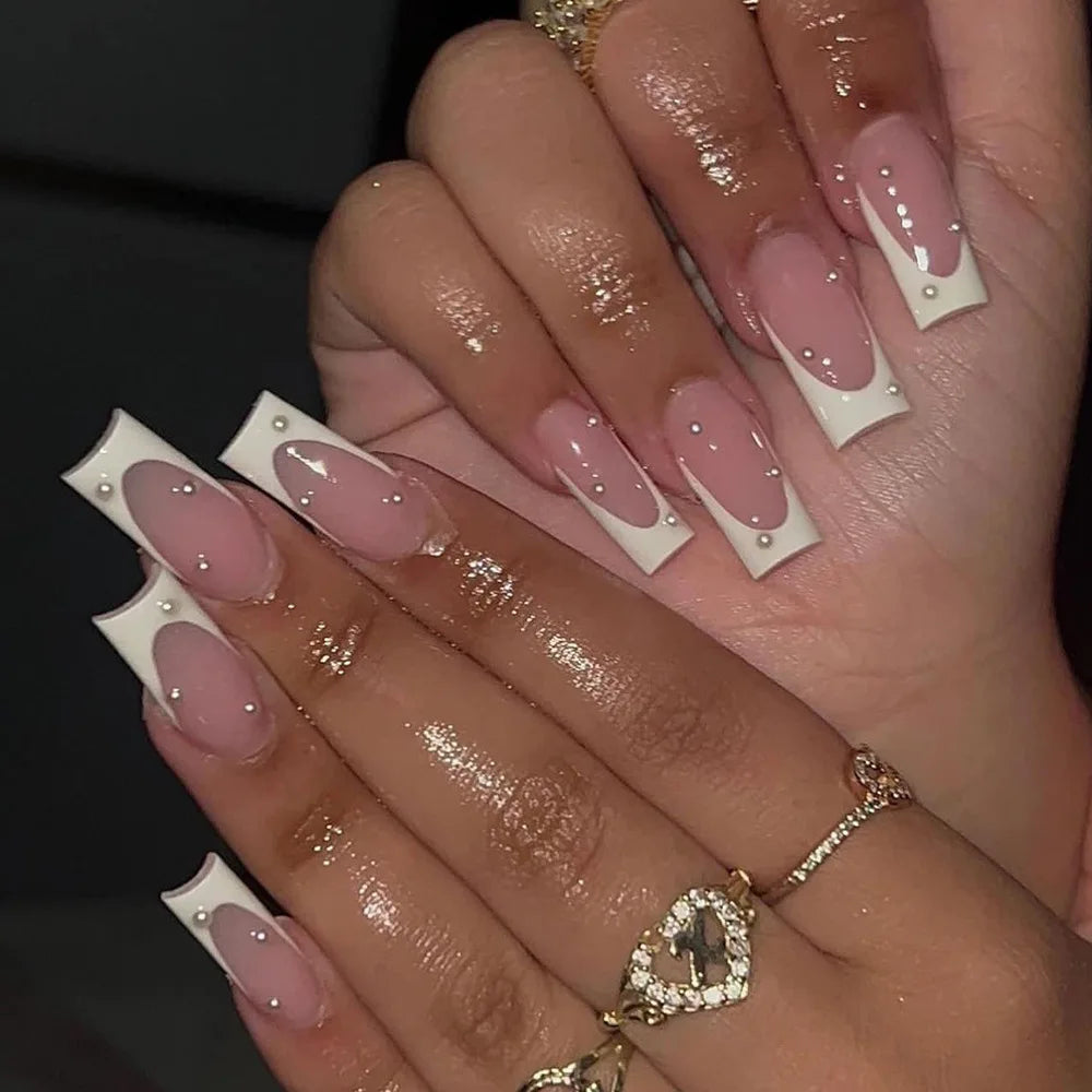 24pcs Long Square Press on Nails Cute Flower Design Fake Nail Butterfly Diamond Blue False Nails Leopard Print French Manicure