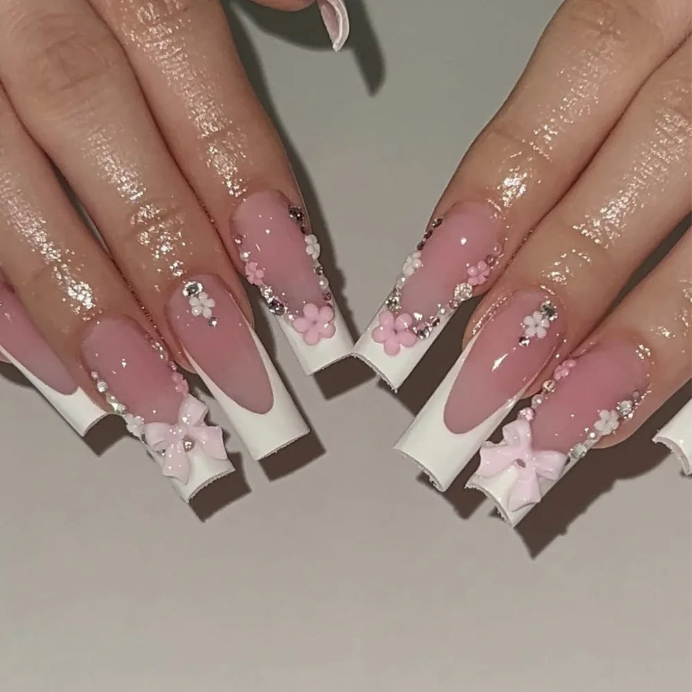 24pcs Long Square Press on Nails Cute Flower Design Fake Nail Butterfly Diamond Blue False Nails Leopard Print French Manicure