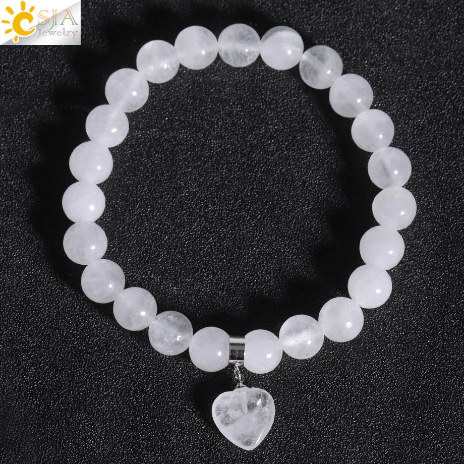 Natural Stone Beads Bracelet for Women Heart Charm Amethysts Crystal Quartzs Tiger Eye Elastic Bangles Reiki Jewelry Gift H543