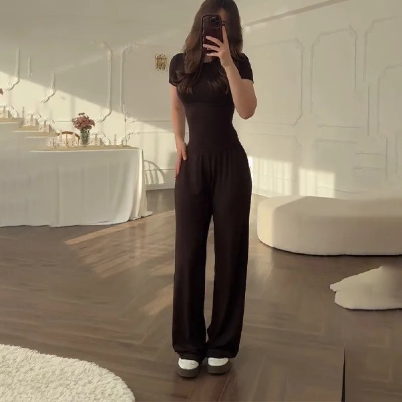 Casual Long Pants Suits Women O-neck Short Sleeve T-shirt Elastic Waist Trousers Set Spring Summer Solid Lady Household Clothes