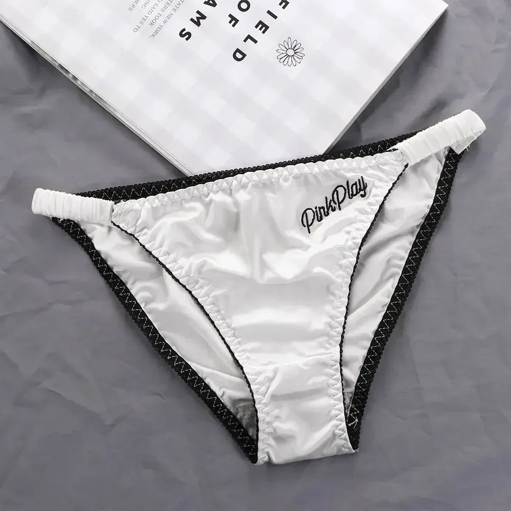 Sexy Girl Thongs Women Glossy Underwear Panty Low Waist Solid Color Satin Fabric Briefs Embroidery Fitness Sports Underpants